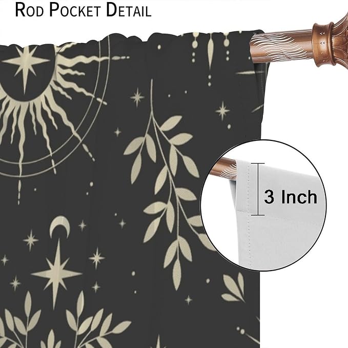 Golden Sun Moon Blackout Curtain, Bohemian Universe Sun Moon Clouds Stars Art Print Window Drapes, for Bedroom Living Room 72" W X 63" L