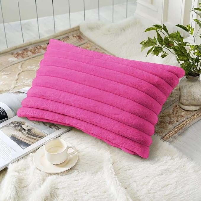 decorUhome Fall Cozy Faux Fur Throw Pillow Covers 12x20 Set of 2 Decorative Soft Plush Striped Lumbar Modern Farmhouse Boho Couch Pillow Cases with Velvet Back for Sofa Bed Living Room, Hot Pink