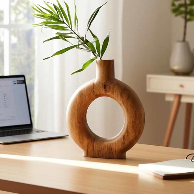 Mango Wood Vase, Modern Donut Vase Design – Accent for Sculptural Display, Decorative Modern Flower Vase – Flower Holder for Stems or Greenery, Living Room or Office Shelf, Home Decor – 14", Brown