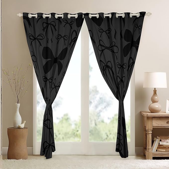 Feelyou Cute Bowknot Room Darkening Blackout Curtain Boys Girls (2 Panels, 38 x 54 Inch) Bow Curtains for Bedroom Living Room Girls Bow Blackout Curtains Kawaii Window Treatments
