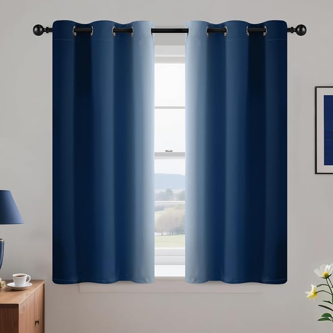 Yakamok Ombre Curtains Blue and Greyish White for Living Room,42Wx45L | Room Darkening Curtains 45,Thermal Insulated Gradient Color Drape,Light Blocking Grommet Window Curtains for Bedroom,2 Panels