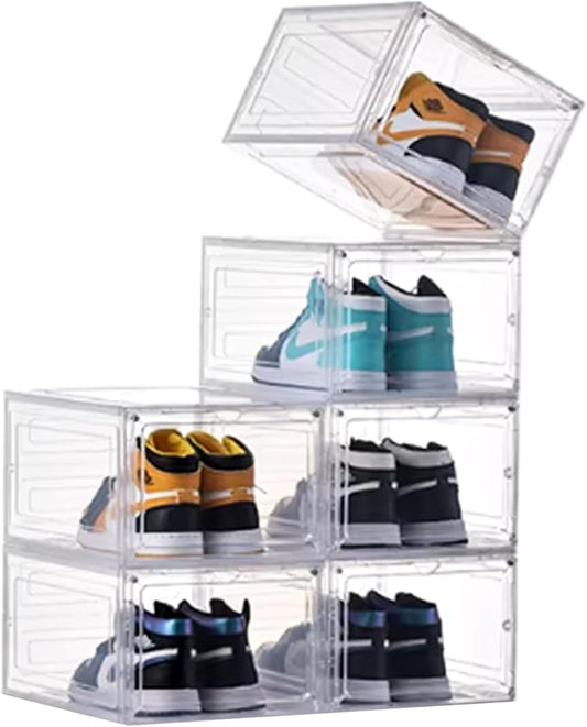 KEFA XL Shoe Storage Box, 6 Pack Clear Plastic Stackable Organizer, Fits US 15