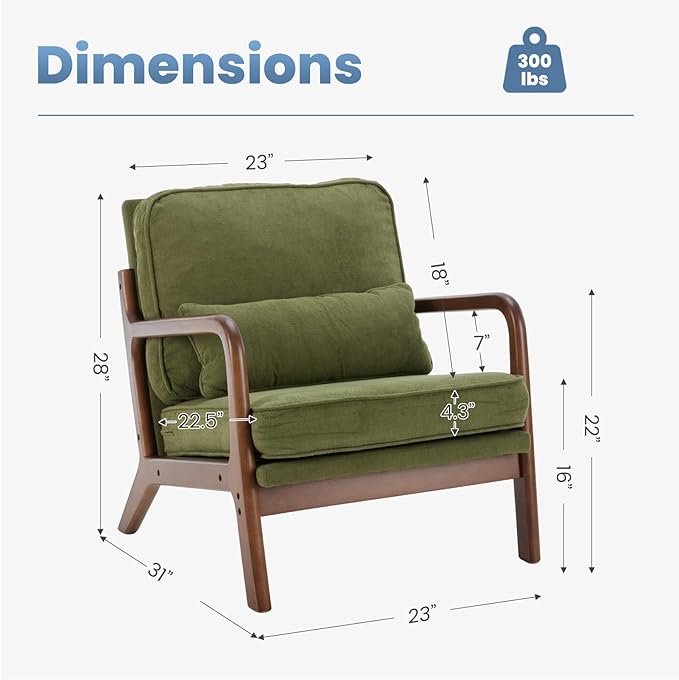 DUMOS Mid Century Modern Accent Chair, Upholstered Low Armchair with Lumbar Pillow and Solid Wooden Frame, Lounge Chair for Small Living Room, Bedroom, Reading Nook, Green
