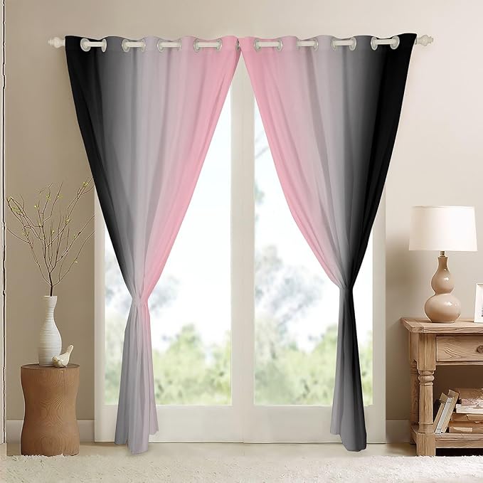 jejeloiu Pink Darkening Drapes (2 Panels, 38 x 45 Inch) Ombre Black Curtains for Bedroom Living Room for Kids Decor Gradient Style Blackout Curtains Abstract Window Treatments