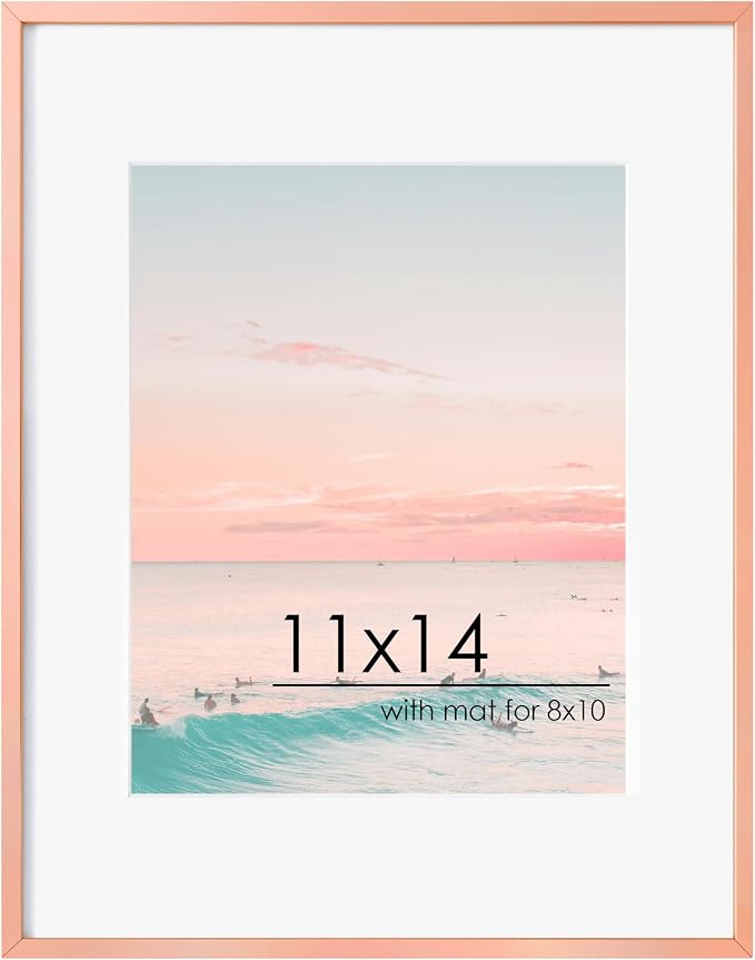 FLYJOE 11x14 Picture Frame - 11 by 14 Metal Picture Frame With Mat For 8x10 | 14x11 Frame Aluminum | Plexiglass And Hanging Hardware Included | 11x14 Poster Frame | Rose Gold