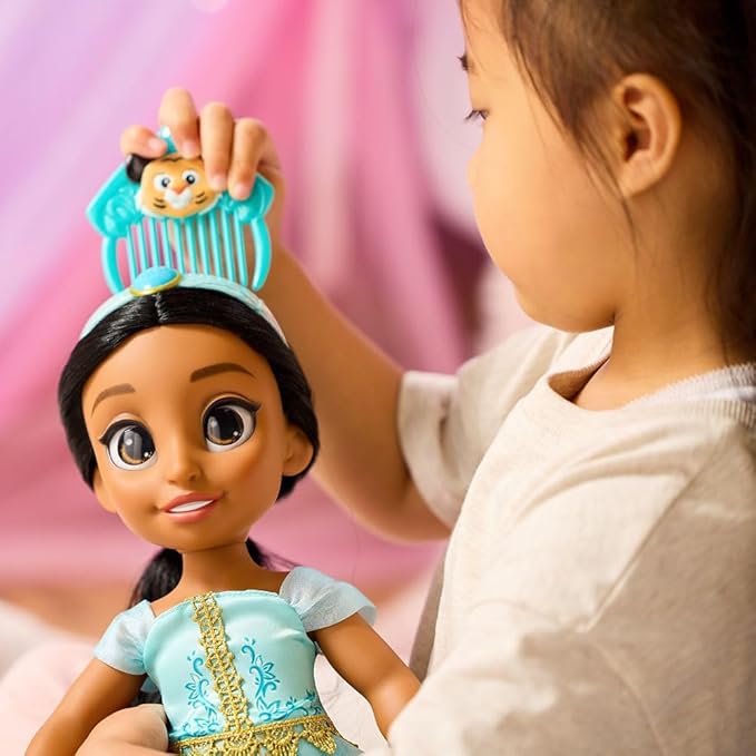 Disney Store Official Jasmine Once Upon a Story Doll - Disney Princess Toys Featuring Reflective Eyes with 3D Pupil and Iris, Detailed Costume, Hair Comb & Shoes - Comes in Display Box - 16 Inches