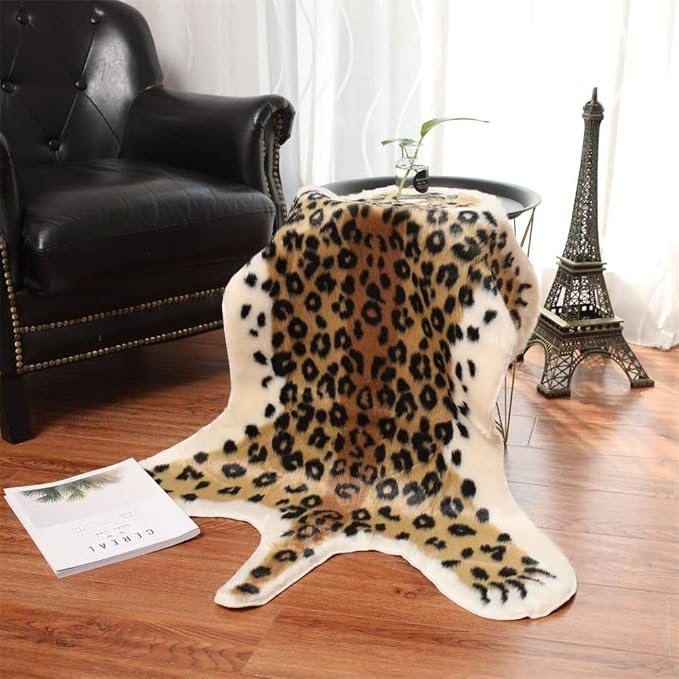 Leopard Print Rug Faux Fur Cowhide Skin Rug Animal Printed Area Rug Carpet for Decorating Kids Room, Under Coffee Table, Cowboy-Themed Nursery, Jungle Themed Room, Playroom