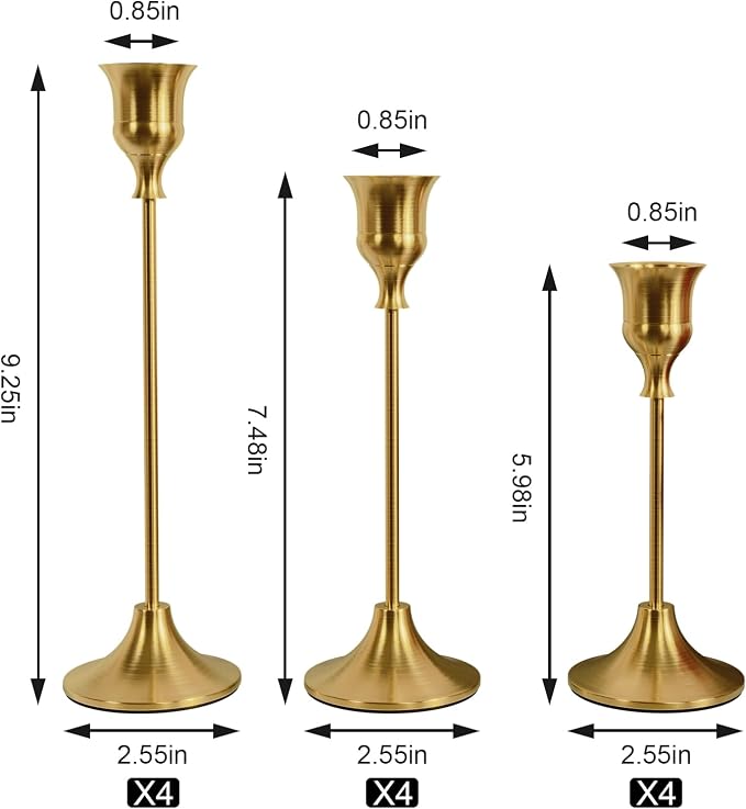 NLBTW Set of 12 Brass Gold Taper Candle Holders, Candlesticks Holders Bulk, Vintage Candlestick Holder Decorative Metal Candle Sticks Home Decor Centerpieces for Table Mantel Festive Decorations