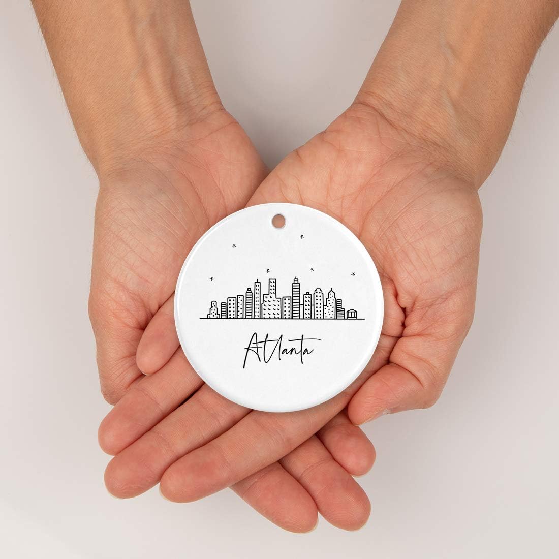 Andaz Press Round Ceramic Porcelain Christmas Tree Ornament Keepsake, Atlanta Black and White Stars City Skyline Graphic, 1-Pack, Birthday Gift Ideas for Family Coworker, Includes Gift Box