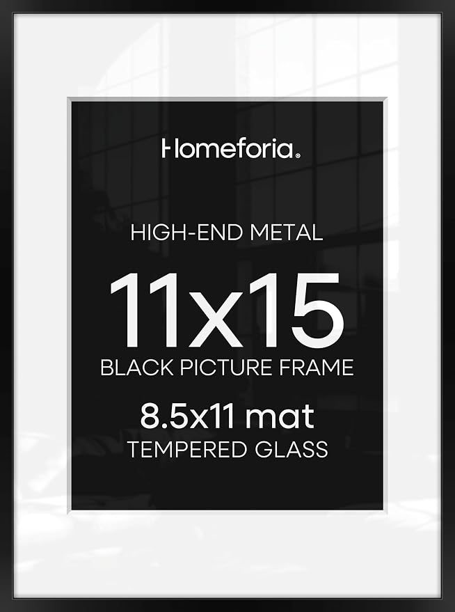 Homeforia Black 11x15 Picture Frame, High End Metal 11x15 Poster Frames with Mat 8.5x11, 11 x 15 Black Frames Matted to 8.5 x 11 inch Photo, 11 by 15 Hanging Frames, Tempered Glass, Wall Kit, Set of 3