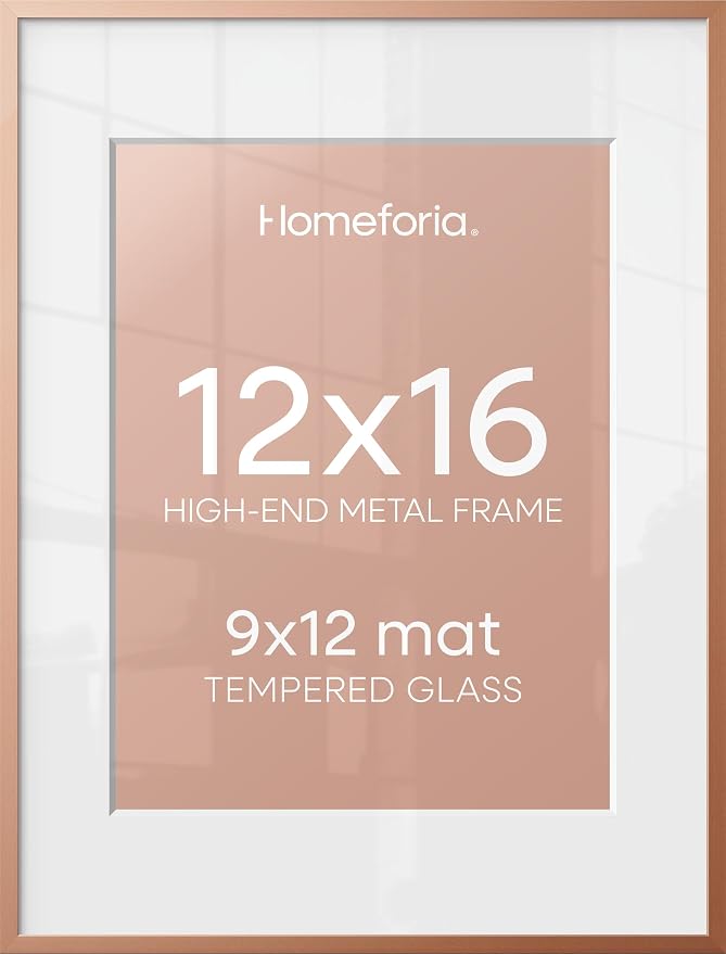 Homeforia 12x16 Rose Gold Picture Frame, High End Metal 12x16 Poster Frames with Mat 9x12 Photo, 12 x 16 Rose Gold Frames Matted to 9 by 12 Print, 16x12 Thin Frames, Tempered Glass, Wall Kit, Set of 1