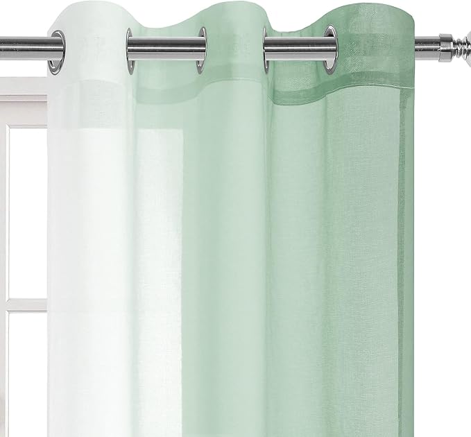 DWCN Light Sage Faux Linen Ombre Sheer Curtains - Gradient Semi Voile Curtains for Bedroom and Living Room, Set of 2 Grommet Top Window Curtain Panels, 42 x 63 Inches Long, Sage Green