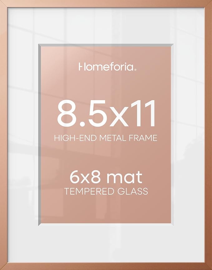 Homeforia 8.5x11 Rose Gold Frame, High End Metal 8.5 x 11 Picture Frames with Mat 6 by 8 inch Photo, 11x8.5 Poster Frame Matted to 6x8 Print, Wall or Tabletop Frame, Tempered Glass, Wall Kit, Set of 1
