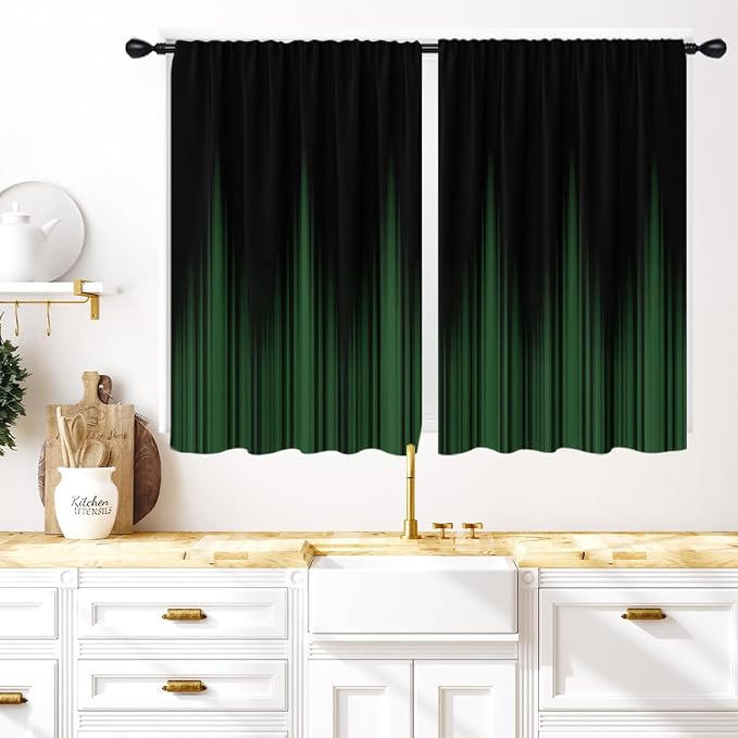 Coxila Green and Black Kitchen Window Curtains 27.5 x 39 Inch Small Short Mini Cafe Rod Pocket Gothic Goth Dark Ombre Anime Cool Living Bedroom Room Home Treatment Set of 2 Curtain Panels Drapes Tiers