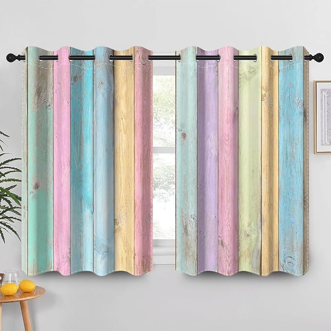 Colorful Wooden Planks Kitchen Curtains Vintage Farm Style Rustic Wood Barn Door Window Curtains Wood Boards Room Darkening Window Drapes for Living Room Bedroom Decor,21x45 inch,2 Panels