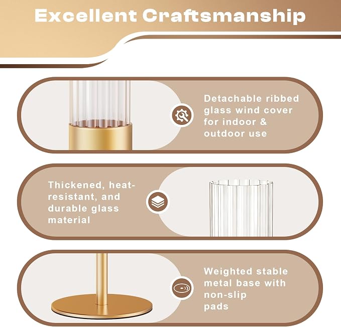Gold Hurricane Candle Holders: Fluted Tall Candlestick Holders for Wedding Brass Taper Candle Holder Modern Candle Sticks Holder Decor for Table Centerpiece Christmas Party Home Set of 3