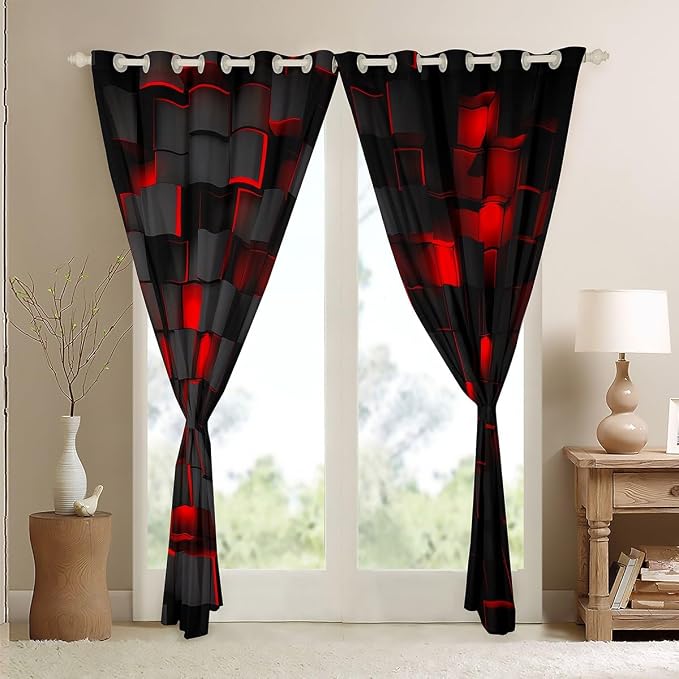 Feelyou Red and Black Darkening Drapes (2 Panels, 42 x 90 Inch) Light Geometric Curtains for Bedroom Living Room Kids Boys Girls Decor Blackout Curtains Modern Window Treatments