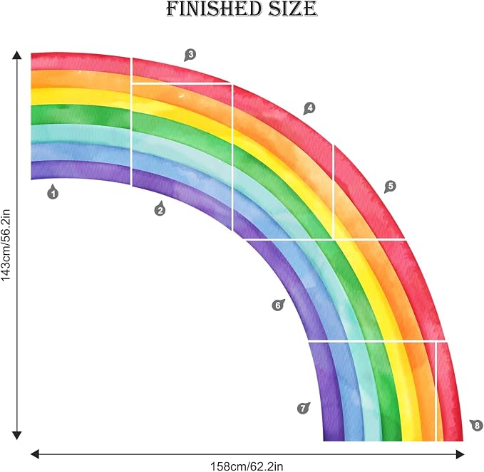 Supzone Large Rainbow Wall Decals, Mural Watercolor Half Rainbow Wall Stickers Peel and Stick Vinyl Wall Art Decor for Girls Bedroom Kids Nursery Living Room Playroom Toddler | Watercolor Mural Wall Sticker for Bedroom Girls Nursery Infantile Living Ro...