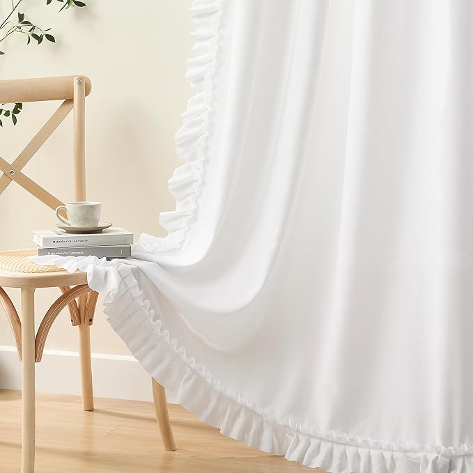 White Ruffled Curtains for Living Room, 2 Panels W47 x L72 Inch Light Filtering Semi-Sheer White Linen Blend Curtains Rod Pocket Vintage Shabby Chic French Country Boho Farmhouse Privacy Window Drapes