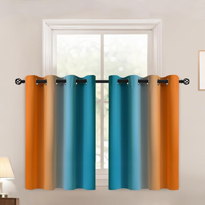 Yakamok Ombre Orange and Blue Curtains for Bedroom, Gradient Room Darkening Curtains, Grommet Thermal Insulated Light Blocking Window Drapes/Curtain for Living Room,52 x 36 Inch,2 Panels
