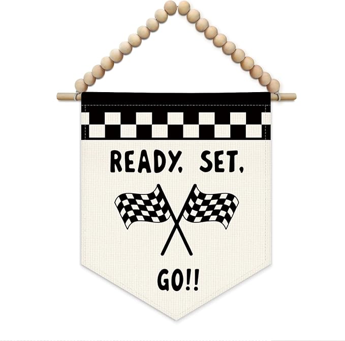 Boys Room Wall Art Decor, Race Car Room Decor for Boys, Race Car Checkered Boho Wall Hanging Display Pennant Flag for Kids Boy Nursery Toddler Room Bedroom Playroom