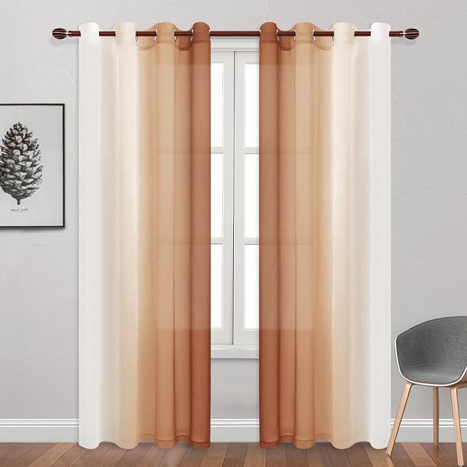 DWCN Faux Linen Ombre Sheer Curtains - 96 inches Long Gradient Semi Voile Curtains for Bedroom and Living Room, Set of 2 Grommet Top Window Curtain Panels, 52 x 96 Inches Long, Burnt Ochre