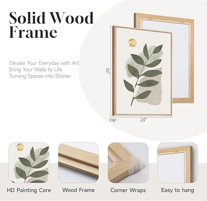 3 Piece Large Framed Abstract Boho Wall Art for Living Room, Minimalist Sage Green Plant Canvas Artwork for Walls, Modern Botanical Leaf Prints Paintings for Bedroom Hallway 24x36 Inch