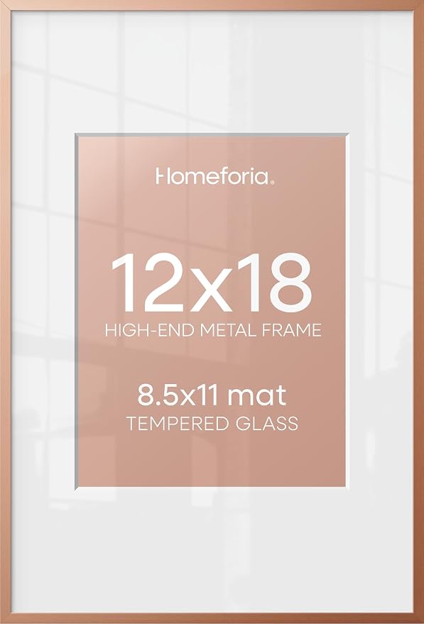 Homeforia 12x18 Picture Frame Rose Gold, High End Metal 12x18 Poster Frames with Mat 8.5x11 in Photo, 12 x 18 Rose Gold Frame Matted to 8.5 by 11 Print, 18x12 Frame, Tempered Glass, Wall Kit, Set of 1