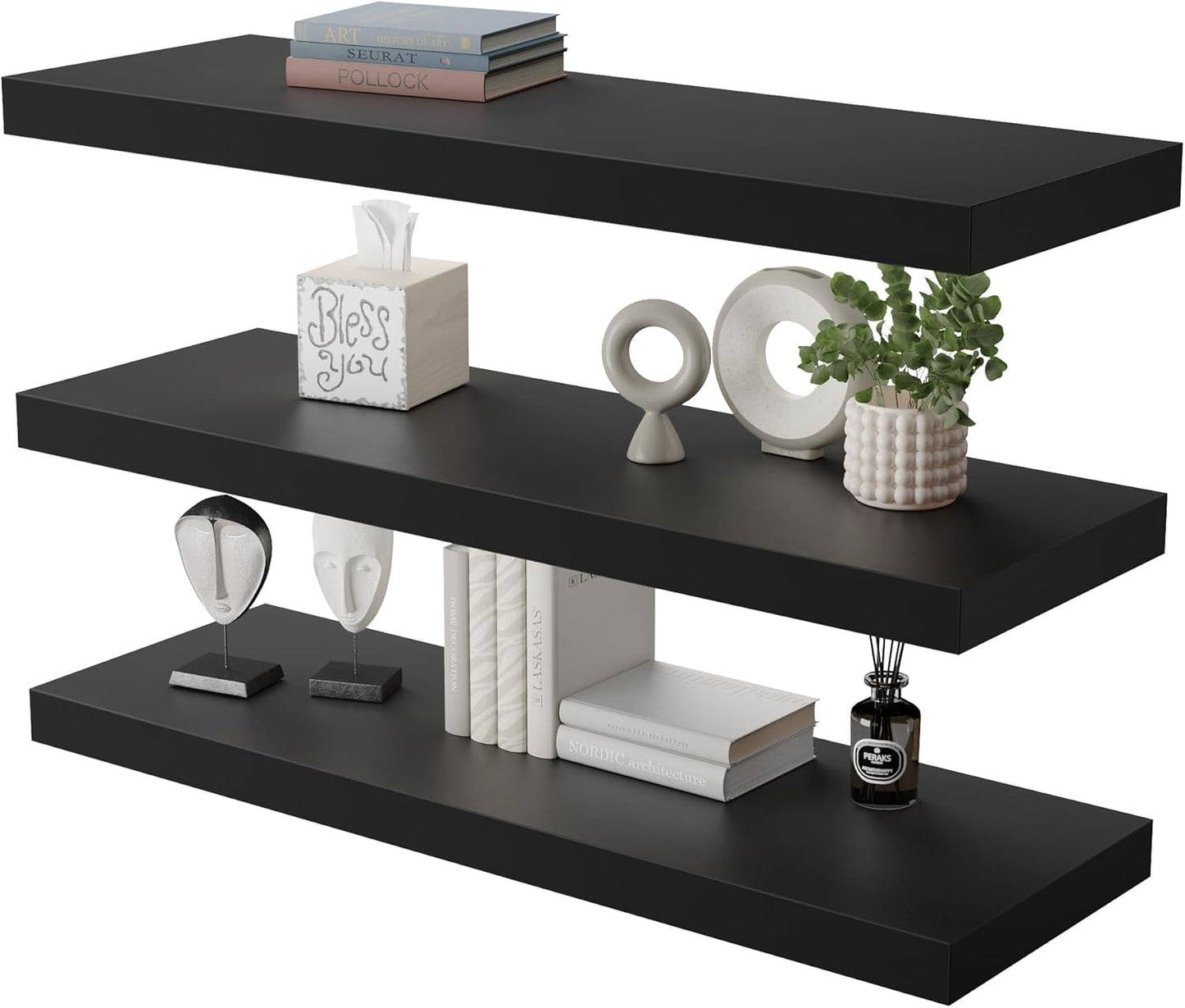 Large Floating Shelves for Wall Set of 3 Wooden Wall Shelves 36 in x 12.75 in x 2 in Room Decor Long Shelf with Invisible Wall Mount Bracket for Bedroom Kitchen Living Room Black