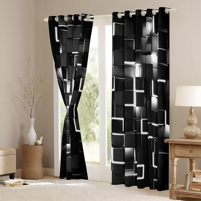 Feelyou Grey and Black Darkening Drapes (2 Panels, 38 x 54 Inch) Light Geometric Curtains for Bedroom Living Room Girls Decor Blackout Curtains Modern Style Window Treatments