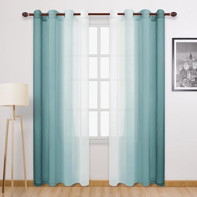 DWCN Blue Faux Linen Ombre Sheer Curtains - 84 inches Length Gradient Semi Voile Curtains for Bedroom and Living Room, Set of 2 Grommet Top Window Curtains, 52 x 84 Inches Long, Peacock Blue