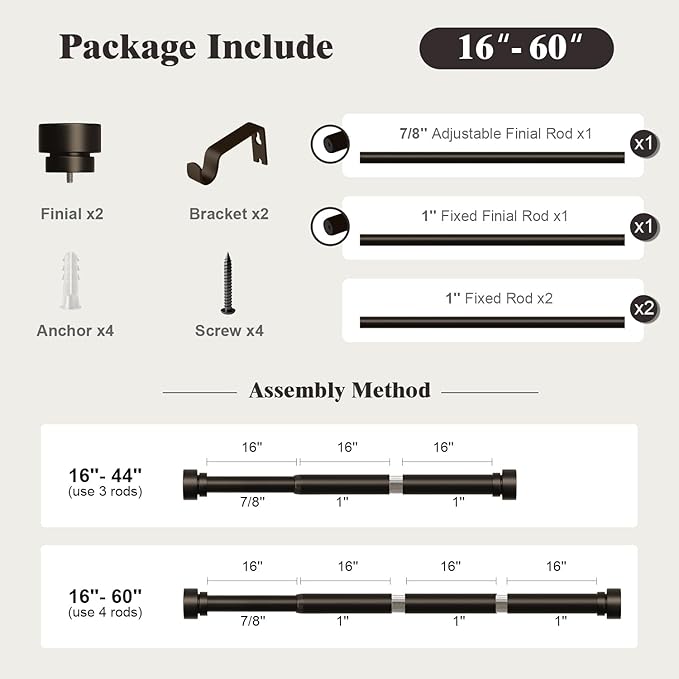 Oneach Brown Curtain Rods for Windows 28 to 48 Inch, 1 Inch Pole Adjustable Length Heavy Duty Metal Curtain Rod Set, for Outdoor Bedroom Kitchen Living Room (16 to 60 Inch)