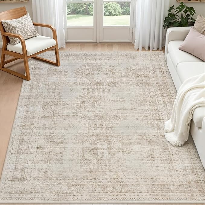 5x7 Area Rugs for Living Room: Vintage Boho Neutral Washable Rug Indoor Soft Large Area Rug Carpet for Bedroom Nursery Farmhouse Dining Room Office Floor Non-Slip Low Pile Under Table Rug Brown