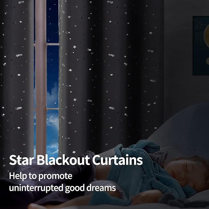 BGment Kids Blackout Curtains for Bedroom - Grommet Thermal Insulated Silver Star Print Room Darkening Curtains for Living Room, Set of 2 Panels (52 x 63 Inch, Dark Grey)