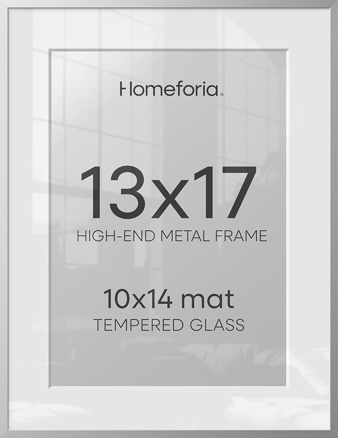 Homeforia 13x17 Picture Frame Silver, High End Metal 13x17 Frames with Mat 10x14 for Photo, 13 x 17 Silver Poster Frame Matted to 10 x 14 Print, 17x13 Hanging Frame, Tempered Glass, Wall Kit, Set of 1