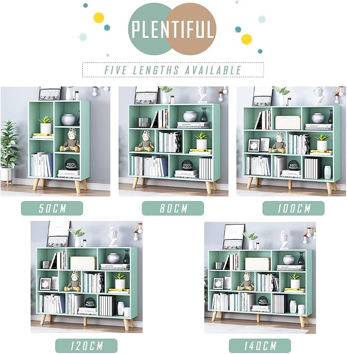IOTXY Wooden Open Shelf Bookcase - 3-Tier Floorstanding Display Cabinet Rack with Legs, 5 Cubes Free Standing Bookshelf, Tiffany-Green
