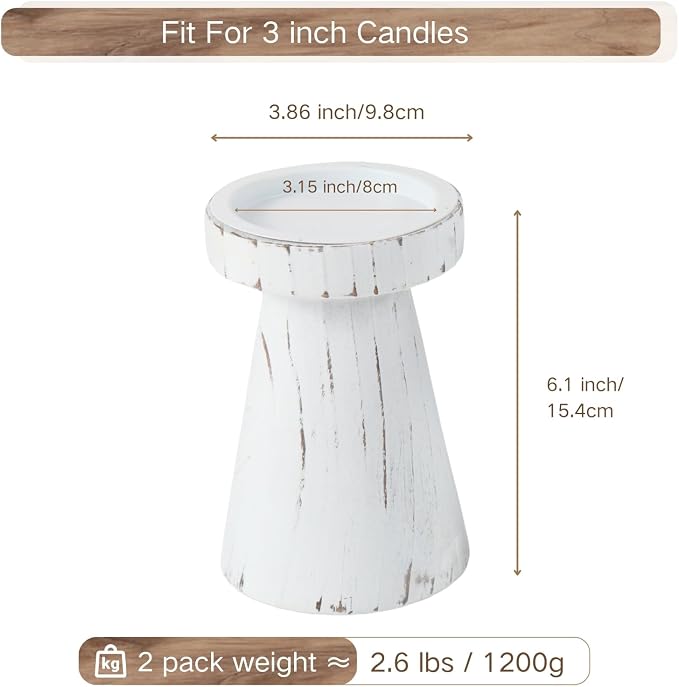 Wood Candle Holders for Pillar Candles, Set of 2 Vintage Rustic Tall Modern Farmhouse Decor, Decorative Wooden Candlestick Stand for Fireplace Mantel, Table Centerpiece - Distressed White