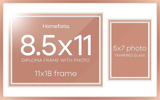 Homeforia 11x18 Diploma Frame with Photo, High End Metal 11 x 18 Rose Gold Certificate Frame with Mat for 8.5x11 Diploma and 5x7 Picture, 11by18 Award Degree Frames, Tempered Glass, Wall Kit, Set of 1