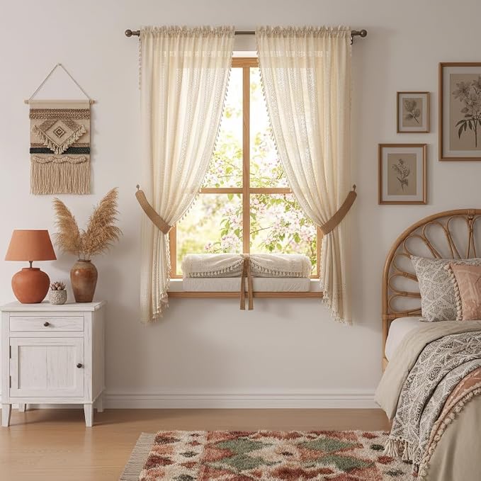 WAZZIO Boho Lace Curtains 63 Inches 2 Panel,Light Filtering Privacy Tassel & Geometry Crochet Semi Sheer Curtain Drapes for Bedroom Living Dining Room,Rod Pocket & Tassel,Vintage French Country,Beige