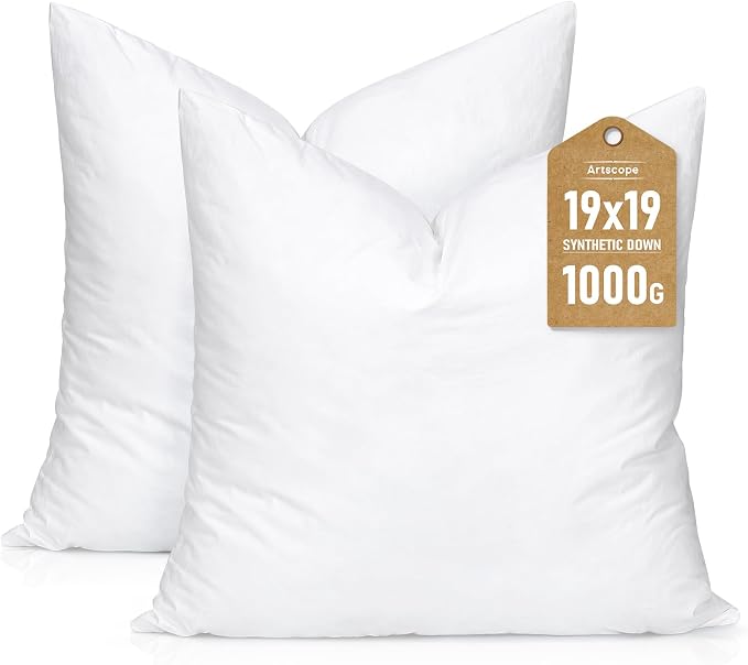 Artscope Synthetic Down Pillow Insert, 19x19 Throw Pillow Inserts Set of 2 | Down Alternative Ultra Soft Fluffy Sleeping Pillow, 100% Cotton Cover, Decorative Pillows-White