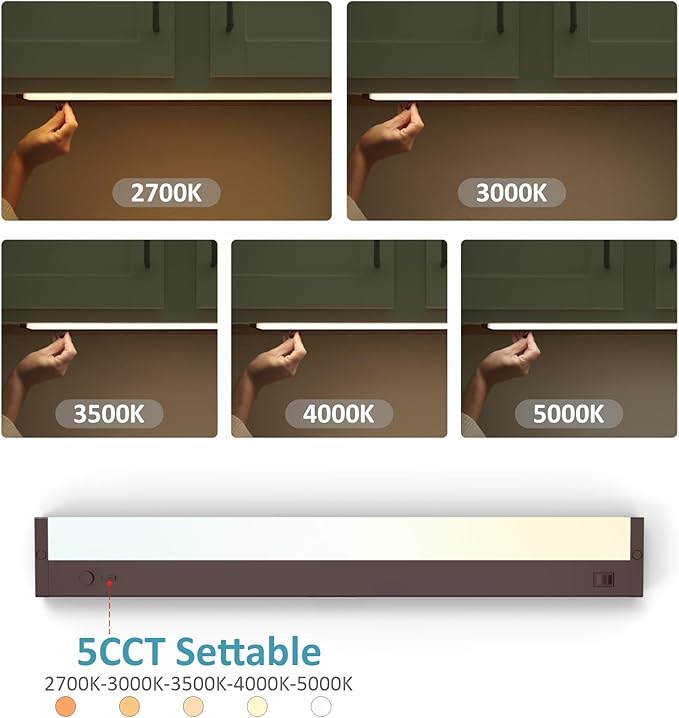 Leetdud Under Cabinet Lighting Plug in or Hardwired Built-in Dimmer, 24 Inch 12W, 5CCT 2700/3000/3500/4000/5000K, Linkable Counter Lights for Kitchen, ETL Dimmable LED Light Fixture, Bronze