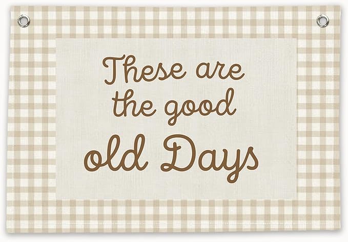 RTXLEZM Kids Room Decor, These Are the Good Old Days Canvas Banner | Retro Neutral Plaid Inspirational Wall Hanging for Toddler Boys Girls Nursery Bedroom Playroom Decor, 20x30 Inch