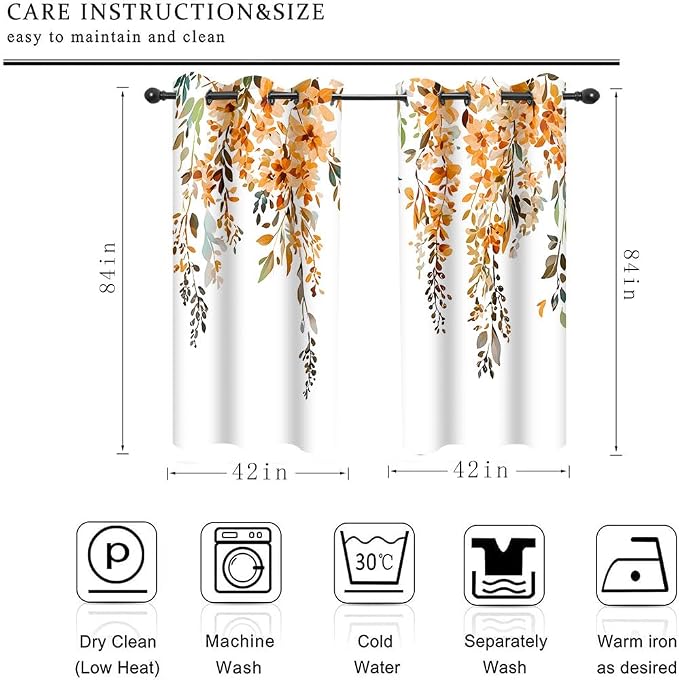 Orange Watercolor Floral Blackout Curtains 42x84 Inch 2 Panels | Botanical Leaves Vine Flowers, Rustic Farmhouse, Blackout Window Treatment, For Bedroom Living Room