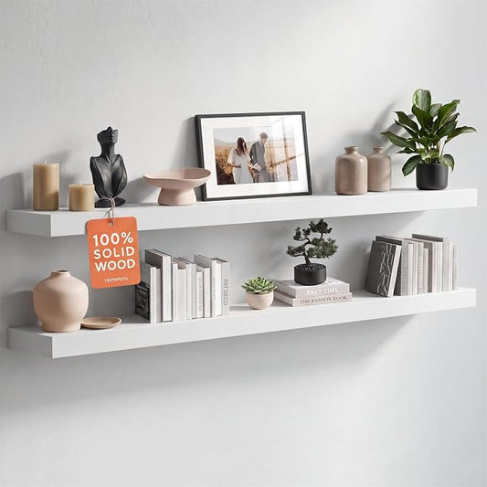 Homeforia White Floating Shelf 48 inches, High End Solid Real Wood 48inch Long Floating Shelves for Wall Mounted, White Wooden 48in Floating Shelves, Heavy Duty Bracket, 48 X 6.5 X 1.75 inch, Set of 3