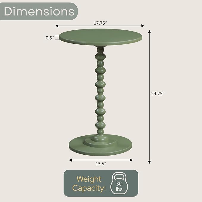 Convenience Concepts Classic Accents Amelia Spindle Table 18" - Traditional Solid Wood Round Side Accent, Display Pedestal for Transitional Living Room, Entryway, Hallway, or Bedroom, Dark Sage Green