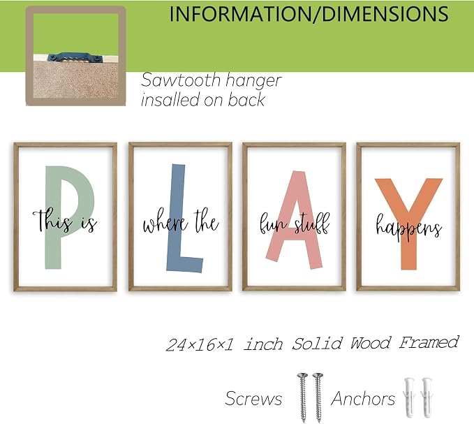 This Is Where The Fun Stuff Happens Kids Playroom Wall Art 24x16 Inch Set Of 4 Rustic Kids Wood Framed Boy Sign Toddler Modren Nursery Interesting Let's Play Prints Wall Hang Decor (Wood)