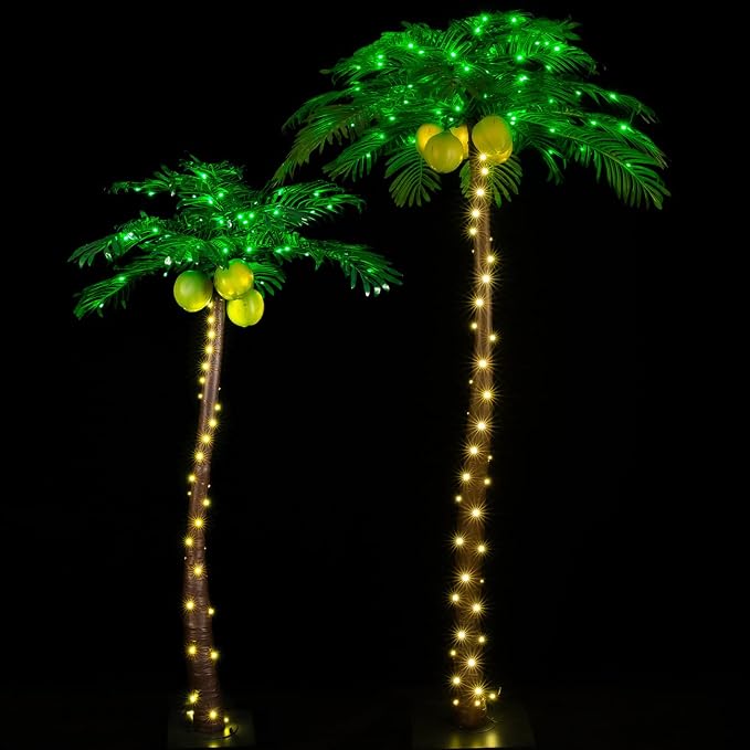 TYBEEU 5ft & 7ft Lighted Palm Tree Set with LEDs & Glowing Coconuts | 136+208 LED Lights | Dimmable | Decorative Artificial Trees | Indoor & Outdoor Use