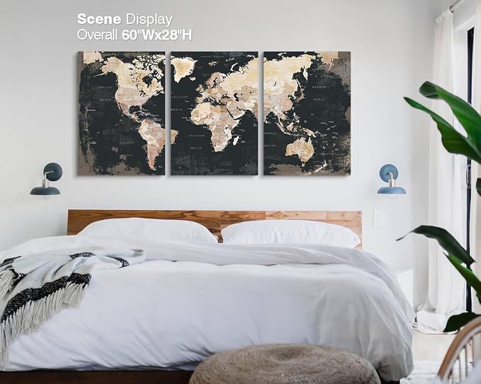 Black Wall Decor for Mens Bedroom Office Living Room World Maps for Wall | Canvas Art Paintings with Frame Vintage Pictures Inspirational Artwork for Conference Room