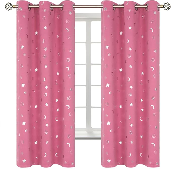 BGment Kids Curtains for Bedroom 63 Inch Length 2 Panels Set, Star and Moon Blackout Curtains for Boys Room Decor, Nursery Thermal Insulated Room Darkening Curtains with Grommet, 38 Wide, Pink