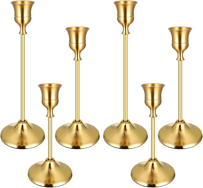 6PCS Brass Gold Taper Candle Holders Set, Vintage Metal Candlestick Holders for Table Centerpiece, Wedding Reception, Festive Christmas Mantel Decoration